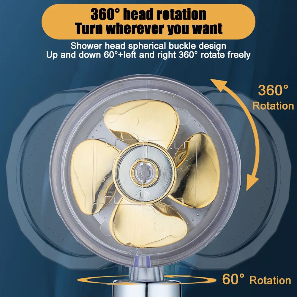 Cap de duș turbo propulsat cu economisire de apă - Cap de duș reglabil cu ventilator încorporat, design rotativ 360°, înaltă presiune