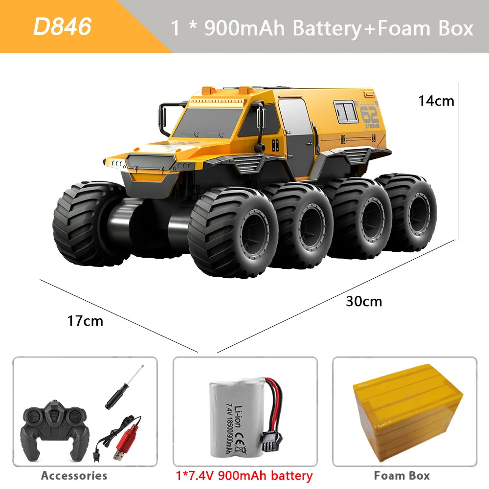 Mașină RC 8x8 Amfibie 8WD yellow-conținut package-accesories,remote,usb cable,7.4V 900 mAh battery ,foam box