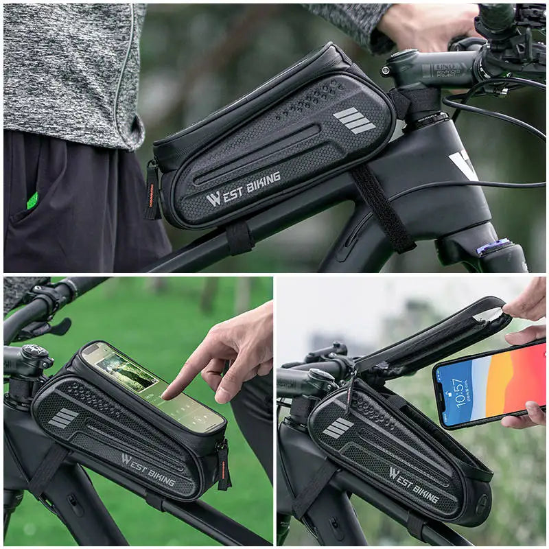 Geantă Bicicletă Premium WEST BIKING cu Suport Telefon Smart 7.0 Inch | Waterproof cu Touch Sensibil, pentru Cadru Față, MTB și Bicicletă de Șosea