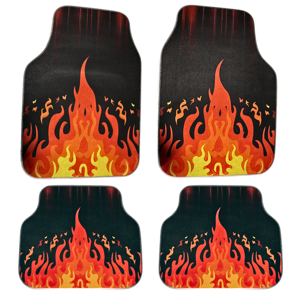 Covorașe auto universale DECOMAT 3D – set 4 bucăți cu imprimeu flăcări, lavabile, antiderapante
