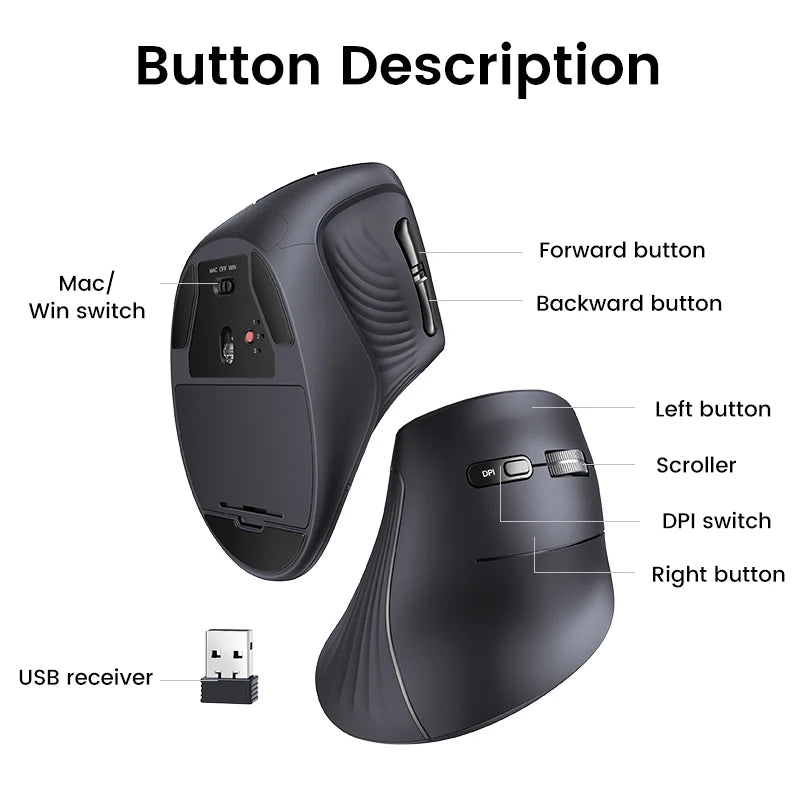 Mouse Vertical Wireless Ergonomic UGREEN MU008 - Bluetooth 5.0 și 2.4G