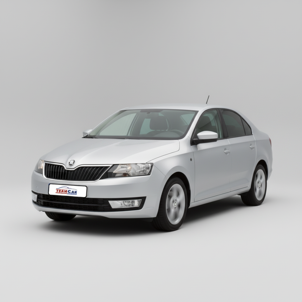 Silver Skoda Rapid Liftback (2012–2019) car on a white background