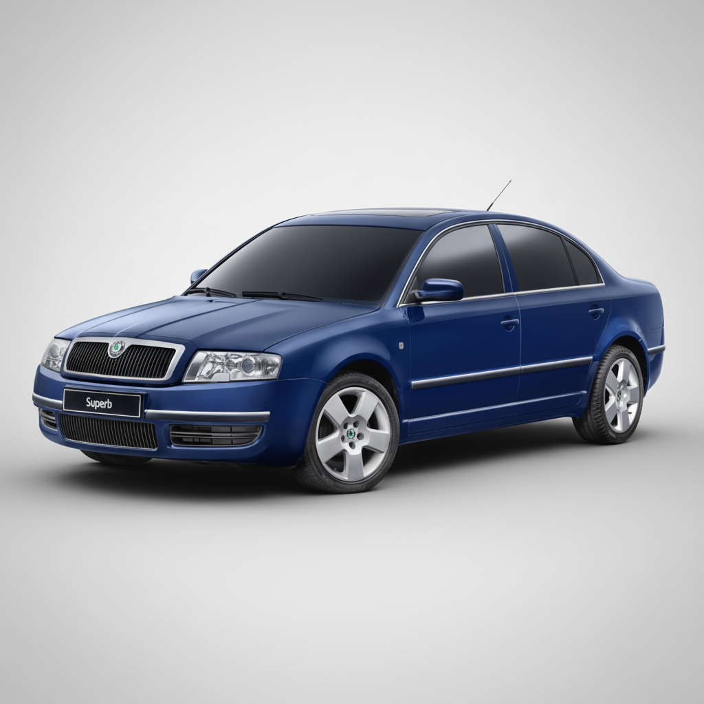 Blue Skoda Superb car on a white background