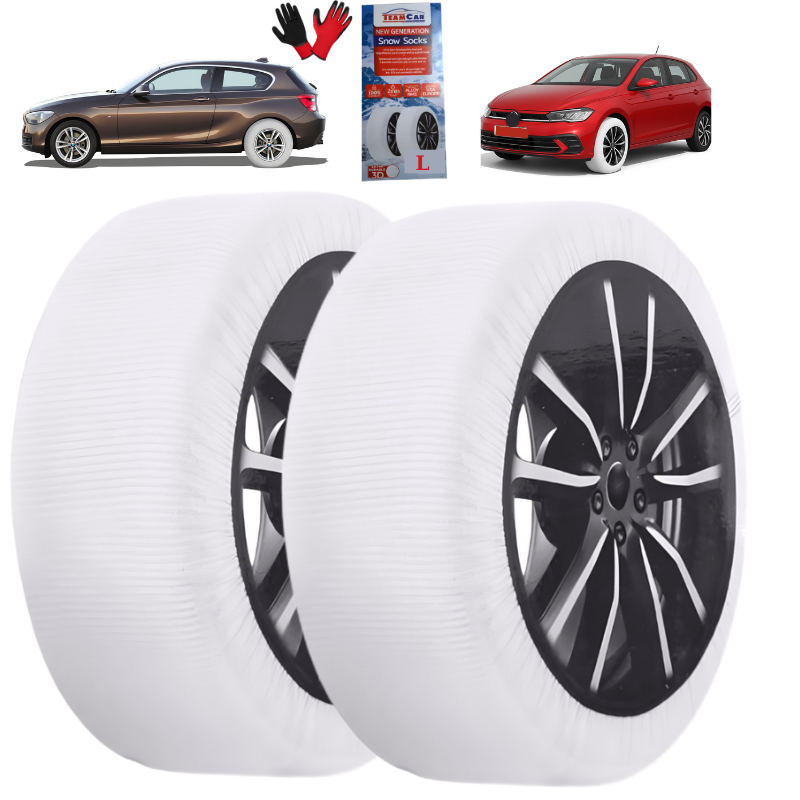 Two car wheels with a snow chain package and two cars in the background.