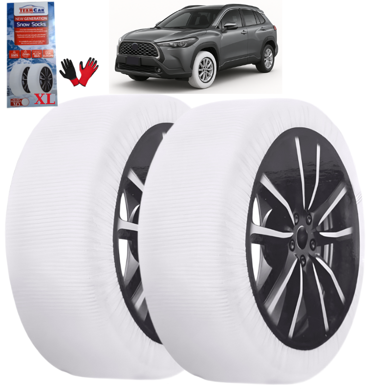 Two car wheels with a gray SUV in the background, snow socks, and gloves displayed.