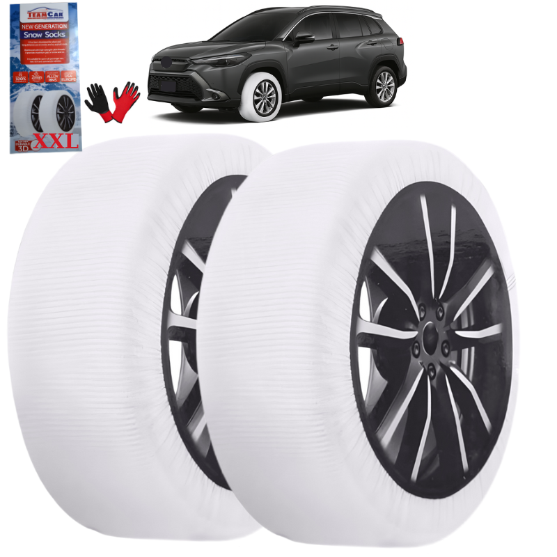 Two white car wheels with black rims, a car, and a box of snow chains on a white background.