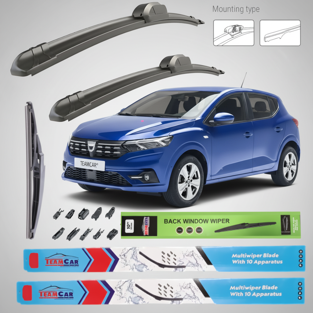 set complet de ștergătoare față spate pentru dacia sandero 3 cu modul de prindere vizibil prin exemplificare vizuală. O dacia sandero 3 albastră in fundal.