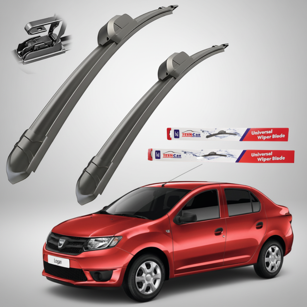 Ștergătoare auto cu ambalaj și o Dacia Logan roșie pe fundal alb