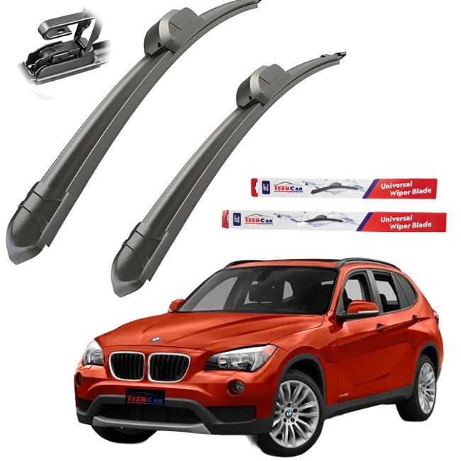Two car wiper blades with a red BMW X1 E84 (2009–2015) SUV and TeamCar packaging on a white background.