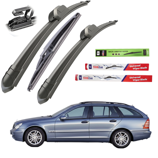 Car wiper blades with packaging and a car on a white background