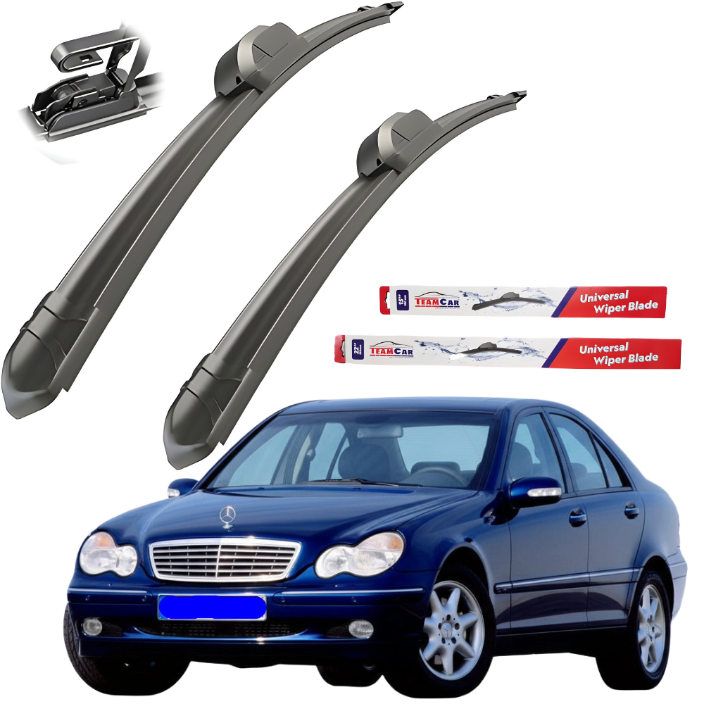 Two car wiper blades with packaging and a blue car in the background