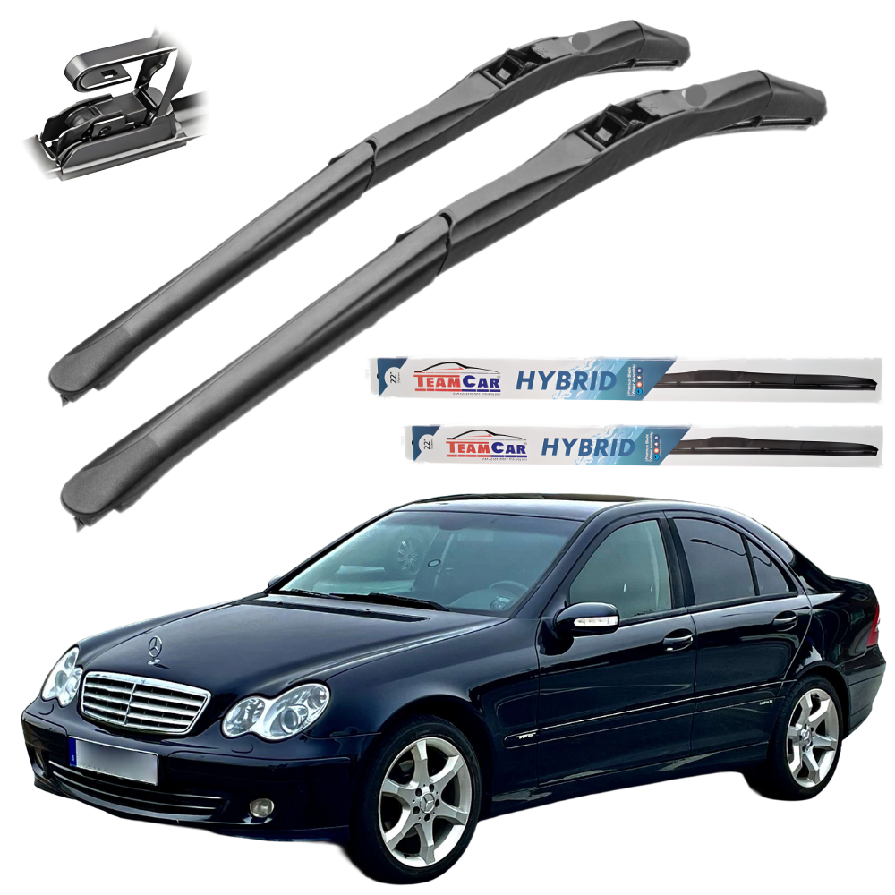 Two car wiper blades with TeamCar Hybrid packaging and a black car in the background.