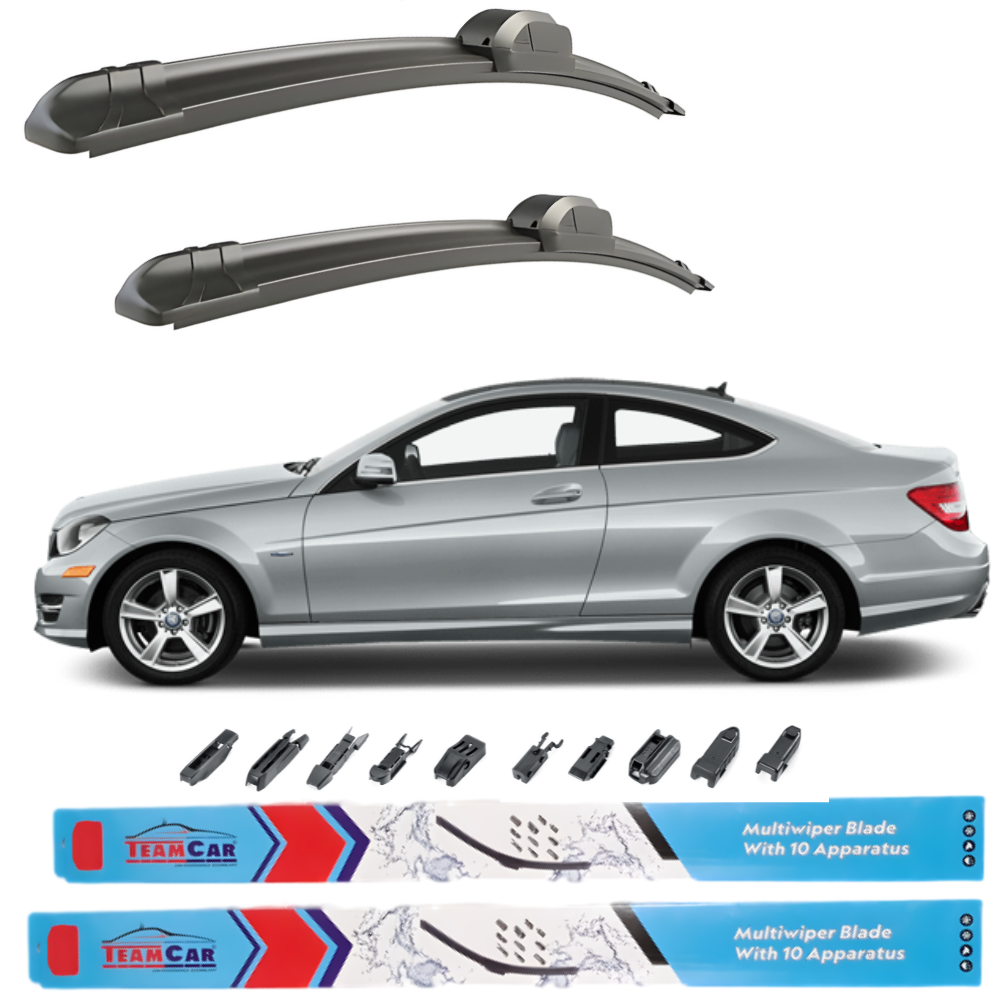 Car wiper blades with a Mercedes C-Class Coupé C204 and additional wiper parts on a white background