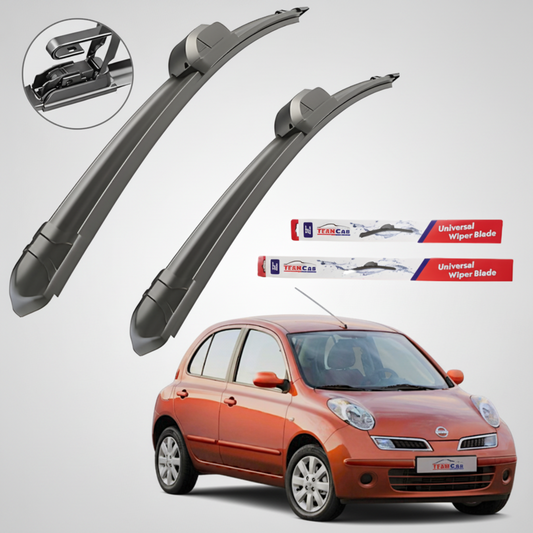 Car wiper blades with TeamCar packaging and a Nissan Micra k12 (2005-2010) on a white background