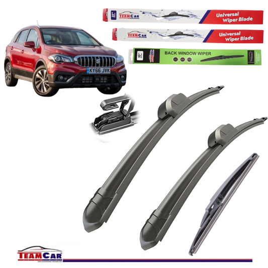 Car wiper blades with packaging and a Suzuki SX4 S-Cross in the background
