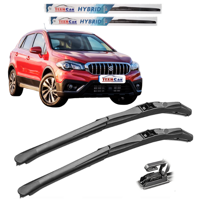 Car wiper blades with a red Suzuki SX4 S-Cross SUV in the background and 'Team Car' branding.