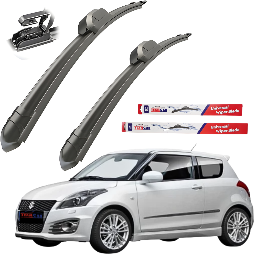 Two car wiper blades with packaging and a white Suzuki Swift V (FZ/NZ, 2010–2017) in the background