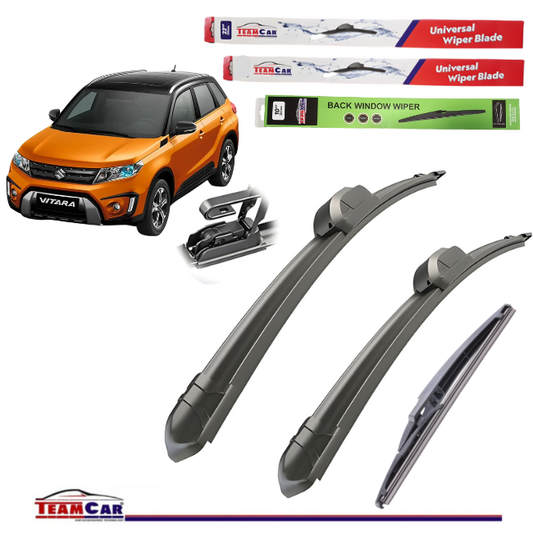 Car wiper blades with packaging and a Suzuki Vitara IV on a white background