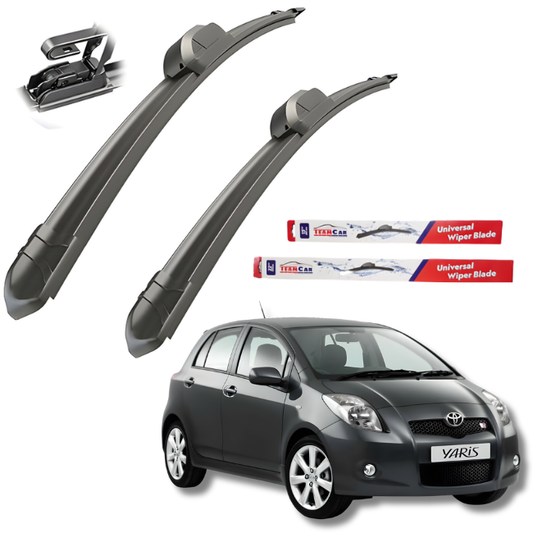 Car wiper blades with a Toyota Yaris II (XP90, 2005–2011) on a white background