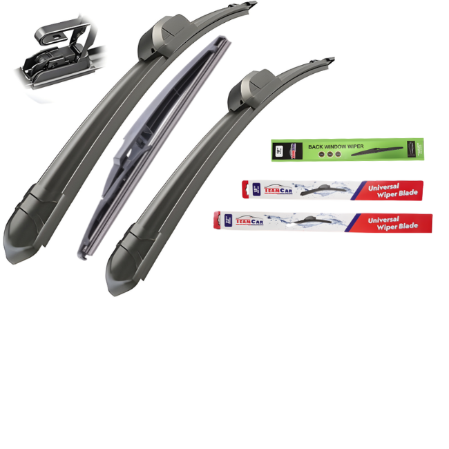 Set of car wiper blades with packaging on a white background