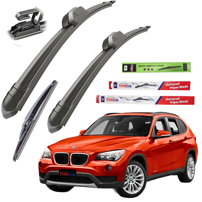 Car wiper blades with packaging and a BMW X1 E84 (2009–2015) on a white background