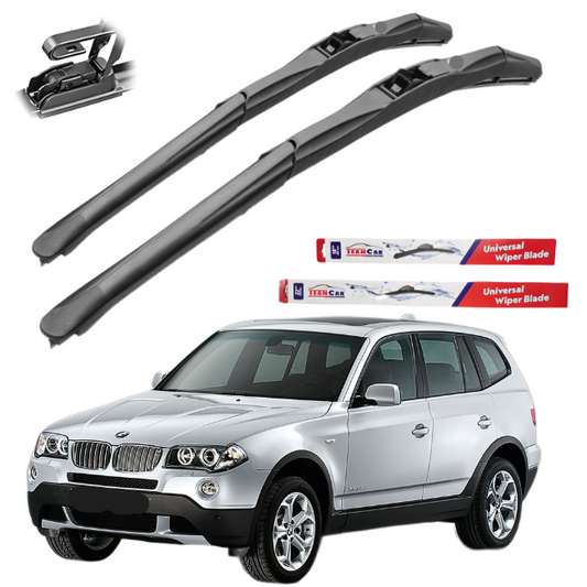 Two car wiper blades with their packaging and a silver BMW X3 E83 (2003–2006, pre-facelift) on a white background.