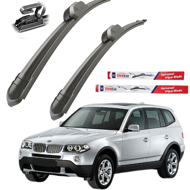 Two car wiper blades with a silver BMW X3 E83 (2003–2006, pre-facelift) and TeamCar  packaging on a white background