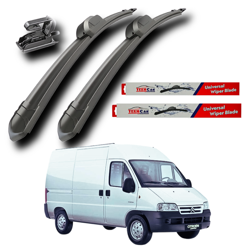 Two Citroën Jumper (1994–2006) wiper blades with two TeamCar wiper blade packages and a white Citroen van on a white background.