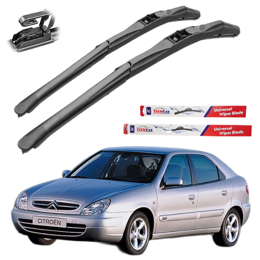 Two car wiper blades with their packaging and a Citroën Xsara (1997–2006) on a white background.