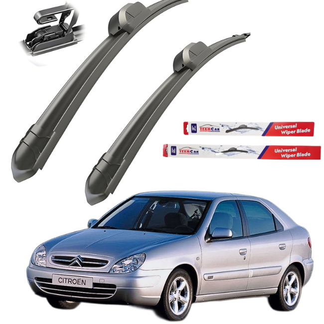 Citroën Xsara (1997–2006) with wiper blades and TeamCar packaging on a white background