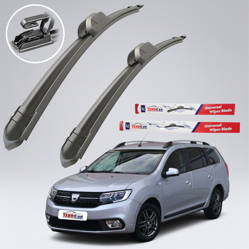Two car wiper blades with a Dacia Logan MCV II / Break (2013–2020) and TeamCar branding on a white background