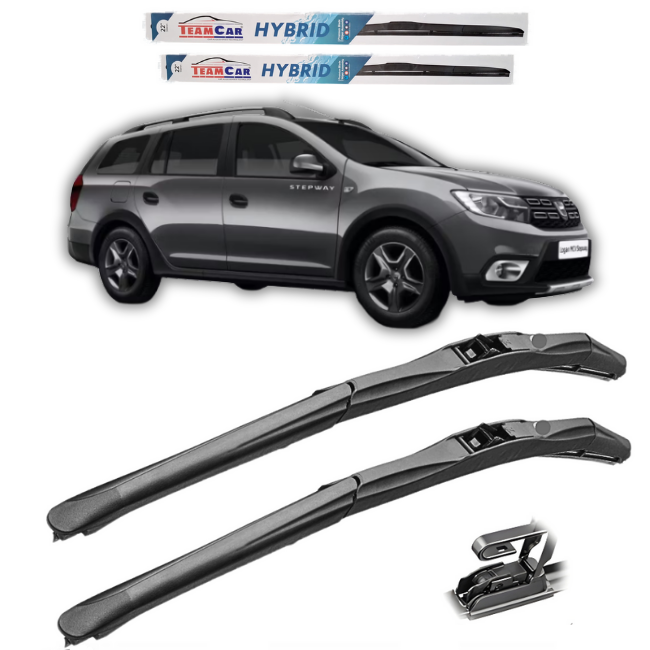 Car wiper blades with a Dacia Logan MCV Stepway (2017–2020) on a white background