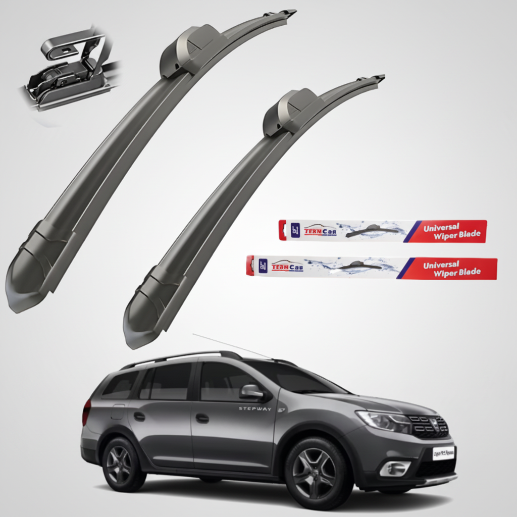 Two car wiper blades with TeamCar packaging and a gray Dacia Logan MCV Stepway (2017–2020) SUV on a white background