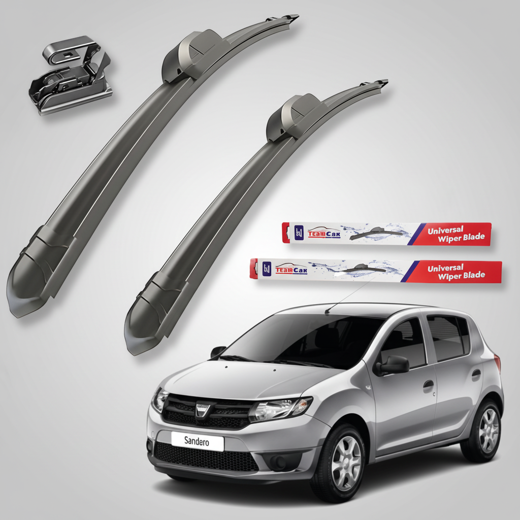 Car wiper blades with a Dacia Sandero II (2012–2020) and TeamCar packaging on a white background