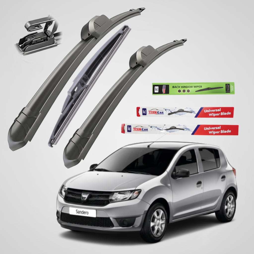 Car wiper blades with a car Dacia Sandero II (2012–2020) on a white background