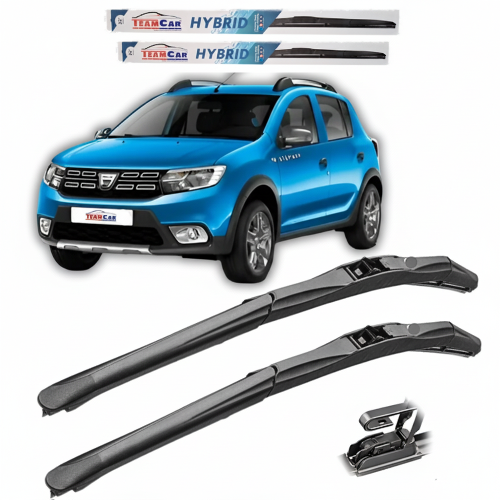 Car with wiper blades and 'Team Car HDacia Sandero II Stepway (2012–2020)ybrid' branding on a white background