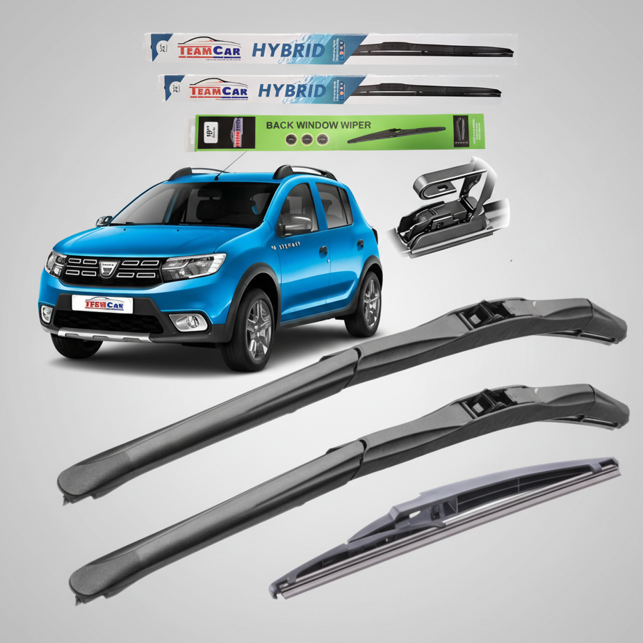 Car wiper blades with a blue Dacia Sandero II Stepway (2012–2020) in the background