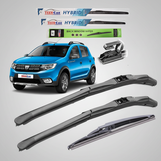 Car wiper blades with a blue Dacia Sandero II Stepway (2012–2020) in the background