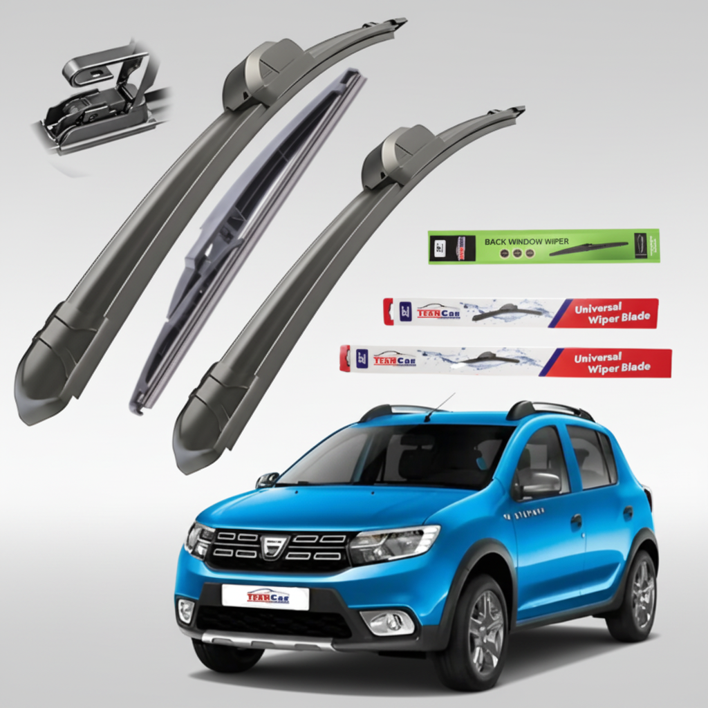 Car wiper blades with packaging and a blue Dacia Sandero II Stepway (2012–2020) on a white background