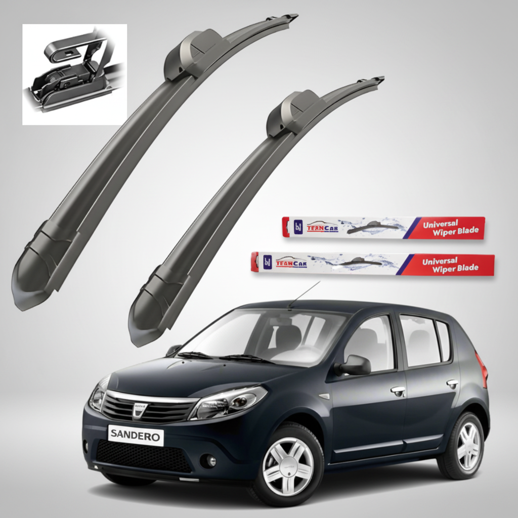Car wiper blades with TeamCar packaging and a black Dacia Sandero I (2008–2012) on a white background