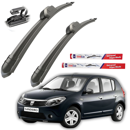 Car wiper blades with TeamCar packaging and a black Dacia Sandero I (2008–2012) on a white background