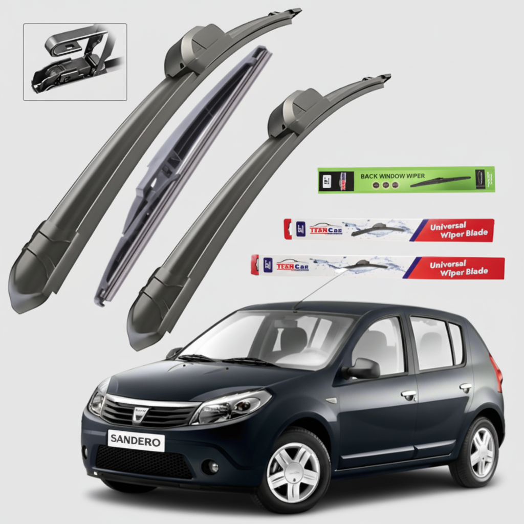 Car wiper blades with packaging and a Dacia Sandero I (2008–2012) model on a white background
