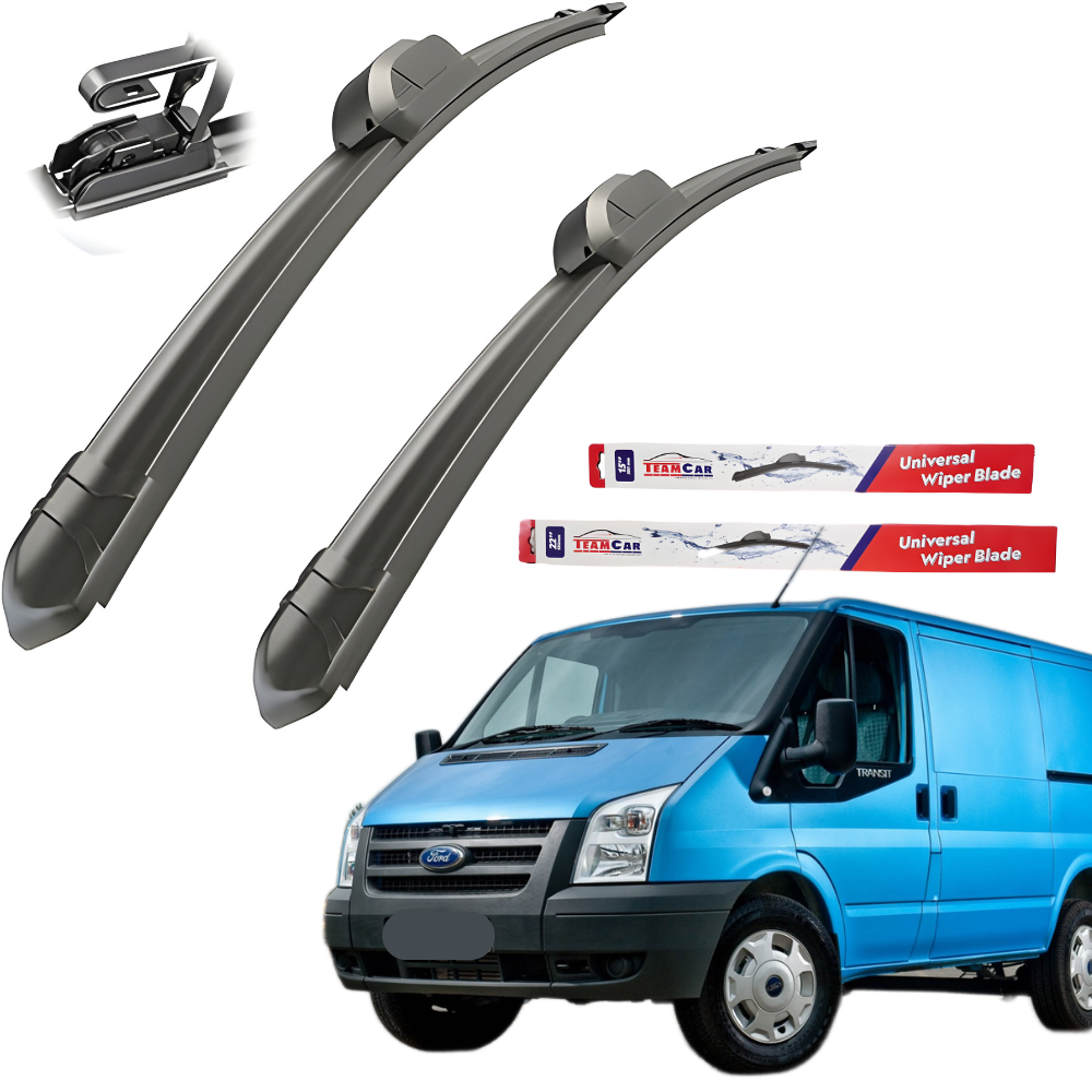 Two car wiper blades with packaging and a blue van on a white background
