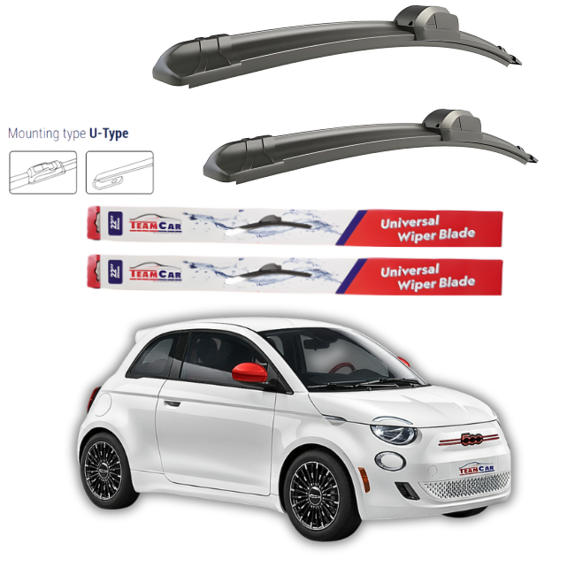 Two car wiper blades with a car and TeamCar packaging on a white background