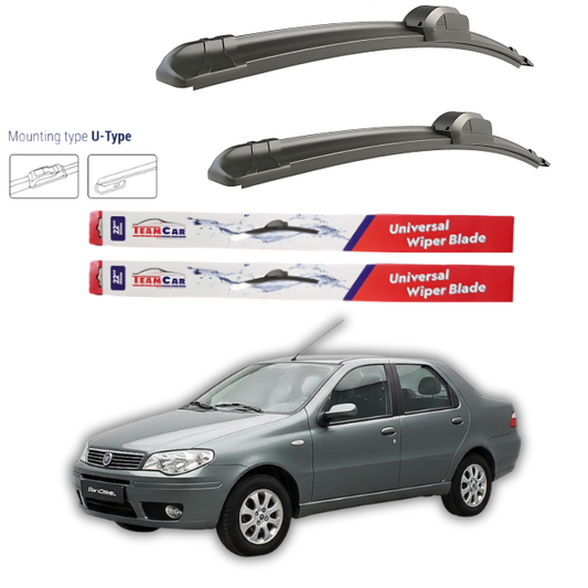 Two car wiper blades and a Fiat Albea SEDAN 2002-2012 with a TeamCar universal wiper blade packaging on a white background.