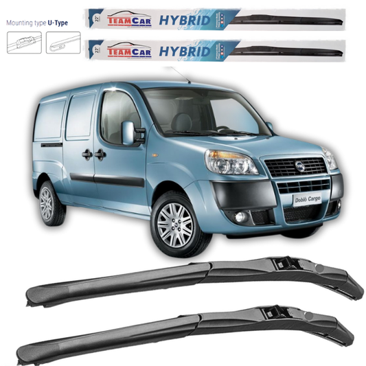 Blue van with windshield wipers and TeamCar Hybrid wiper blades displayed above.