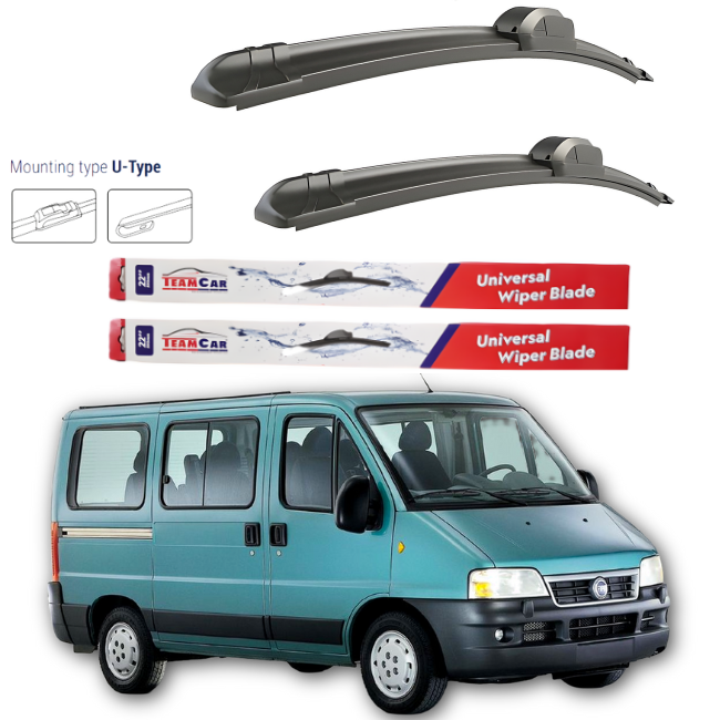 Two car wiper blades with a package of TeamCar universal wiper blades and a teal van on a white background.