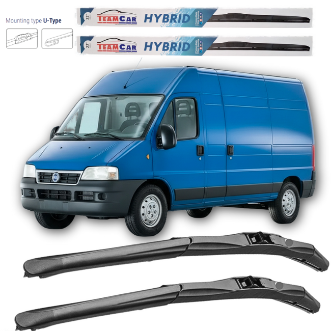 Blue van with TeamCar Hybrid windshield wipers displayed above and below.