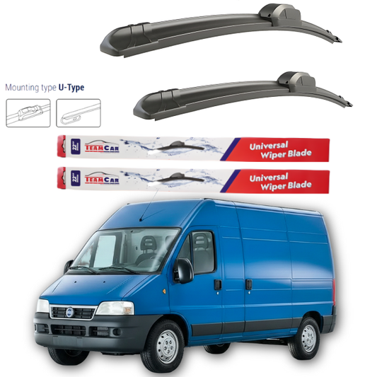 Two car wiper blades and two packs of TEAN CAR universal wiper blades with a blue van in the background.