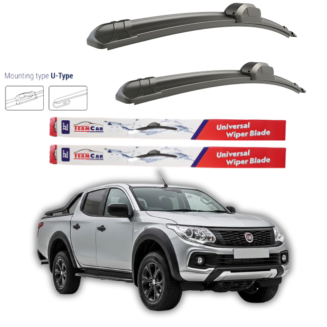 Two car wiper blades with a Fiat vehicle in the background